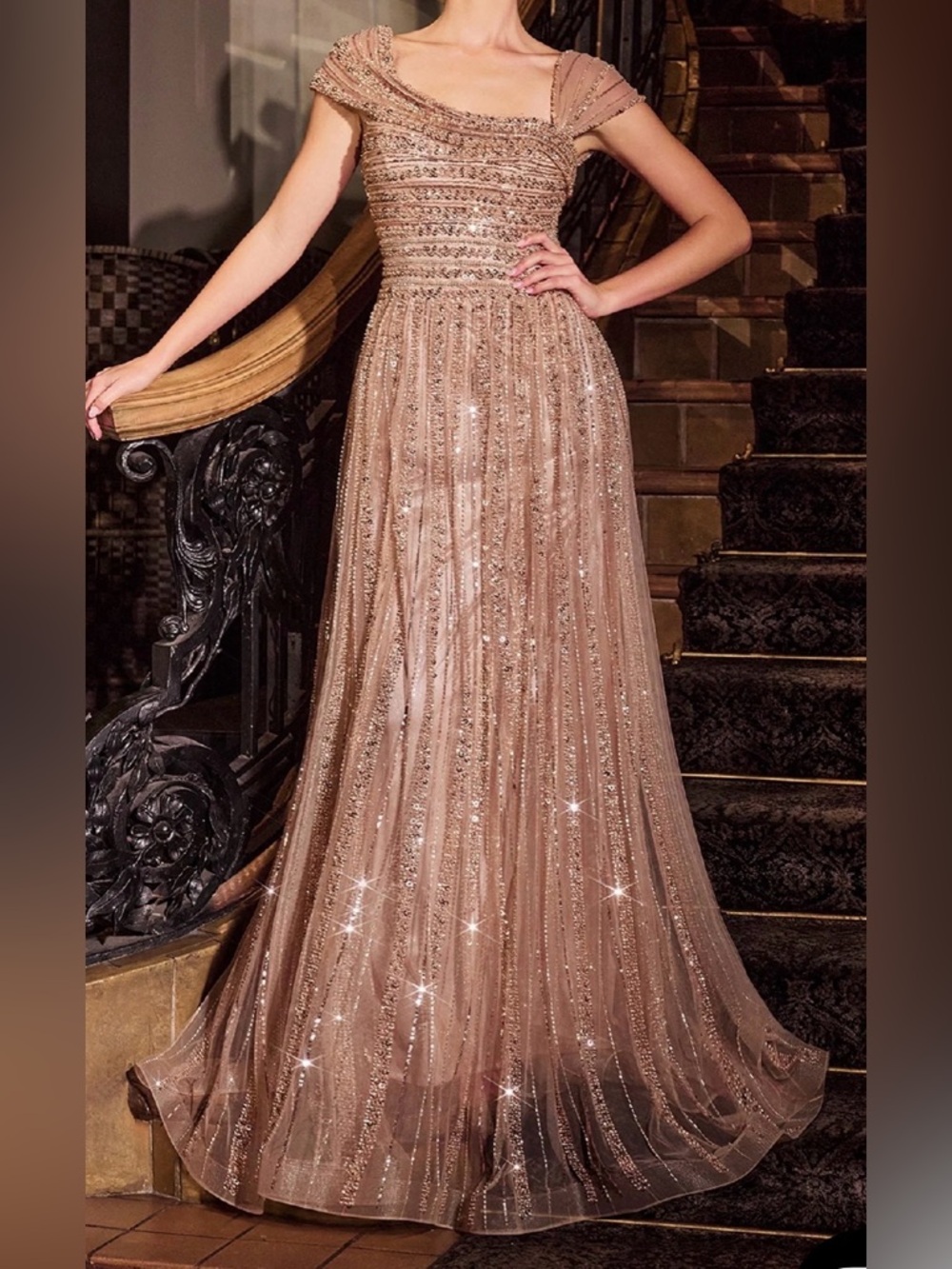 Ladivine CD0238 Gold Beaded Asymmetrical Floor-Length Gown Size 10